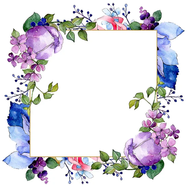 Tropic bouquet floral botanical flowers. Watercolor background illustration set. Frame border ornament square.