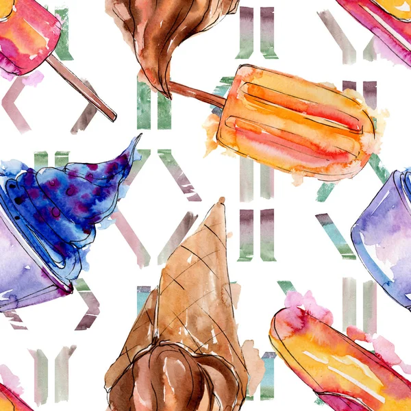 Gelato gustoso in stile acquerello. Set illustrazione dolce dolce Aquarelle. Modello di sfondo senza soluzione di continuità . — Foto Stock