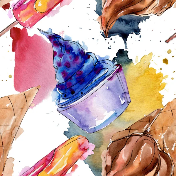 Crème glacée savoureuse dans un style aquarelle. Aquarelle set d'illustration de dessert sucré. Modèle de fond sans couture . — Photo