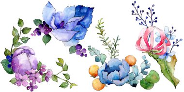 Tropik buket çiçek botanik çiçekler. Suluboya arka plan illüstrasyon seti. İzole buketleri illüstrasyon elemanı.