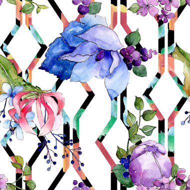 Tropik buket çiçek botanik çiçekler. Suluboya arka plan illüstrasyon seti. Kesintisiz arka plan deseni.