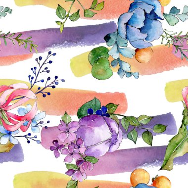 Tropik buket çiçek botanik çiçekler. Suluboya arka plan illüstrasyon seti. Kesintisiz arka plan deseni.