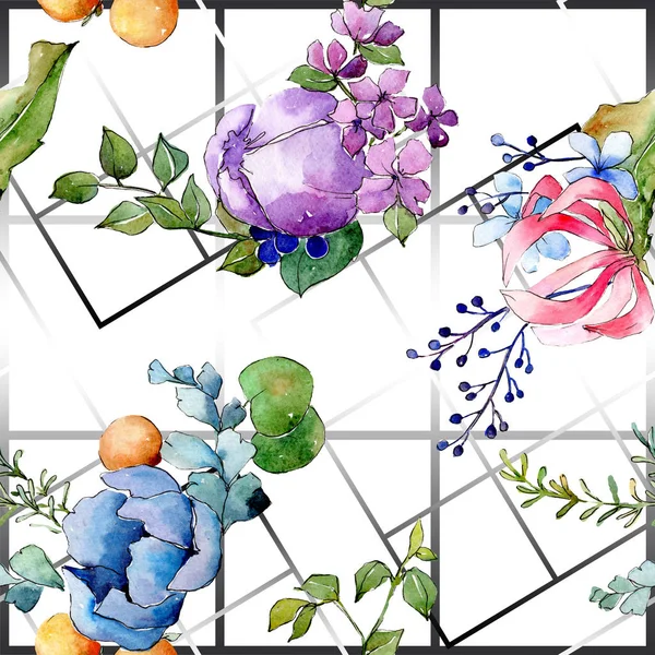 Buquê tropical flores botânicas florais. Conjunto de ilustração de fundo aquarela. Padrão de fundo sem costura . — Fotografia de Stock