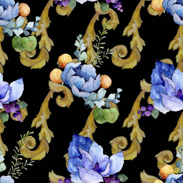 Tropik buket çiçek botanik çiçekler. Suluboya arka plan illüstrasyon seti. Kesintisiz arka plan deseni.