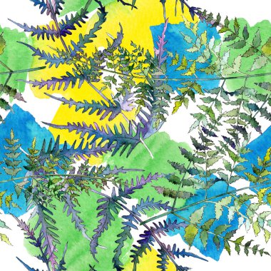 Eğrelti otu yeşil yaprakları. Suluboya arka plan illüstrasyon seti. Kesintisiz arka plan deseni.