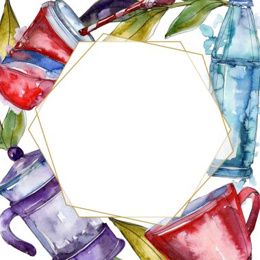 Taze ve soğuk alkolsüz içecekler. Suluboya arka plan illüstrasyon seti. Çerçeve kenarlık süs karesi.