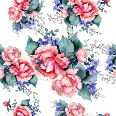 Pembe gül buketi botanik çiçek. Vahşi bahar yaprak kır çiçeği. Suluboya resim kümesi. Suluboya çizim moda aquarelle. Sorunsuz arka plan deseni. Kumaş duvar kağıdı yazdırma doku.