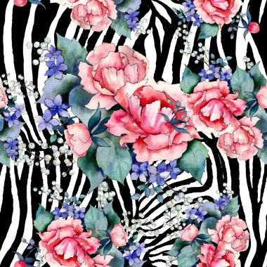 Pembe gül buketi botanik çiçek. Vahşi bahar yaprak kır çiçeği. Suluboya resim kümesi. Suluboya çizim moda aquarelle. Sorunsuz arka plan deseni. Kumaş duvar kağıdı yazdırma doku.