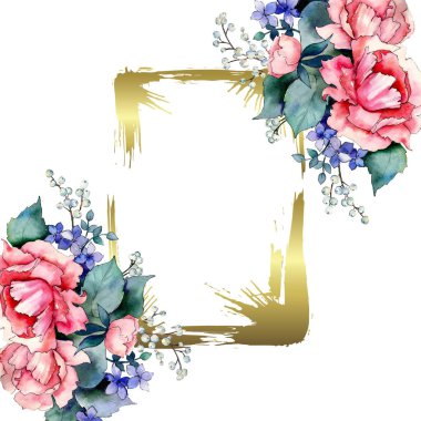 Pembe buket çiçek botanik çiçek gül. Vahşi bahar yaprak izole kır çiçeği. Suluboya arka plan illüstrasyon küme. Suluboya çizim moda aquarelle izole. Çerçeve kenarlığı süsleme Meydanı.