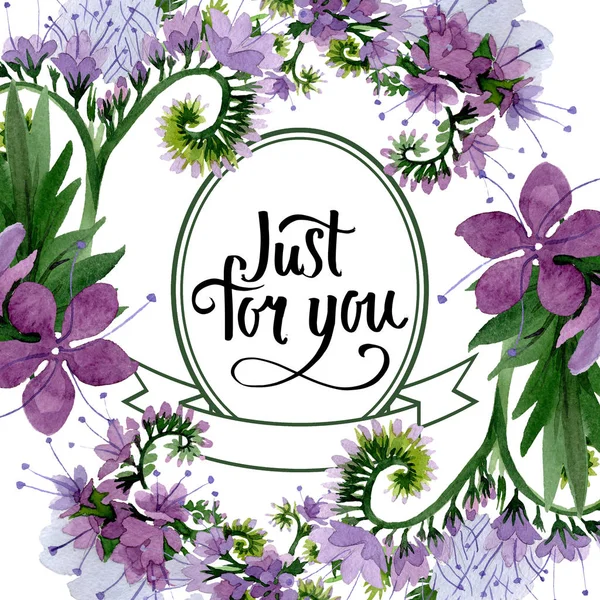 Violeta phaselia foral flores botánicas. Conjunto de ilustración de fondo acuarela. Marco borde ornamento cuadrado . — Foto de Stock