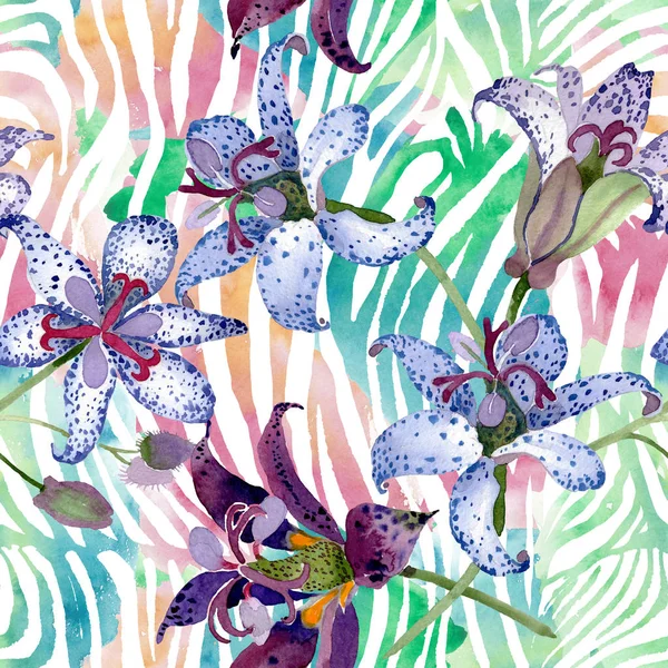 Tricirtis fiori botanici floreali. Acquerello sfondo illustrazione set. Modello di sfondo senza soluzione di continuità . — Foto Stock