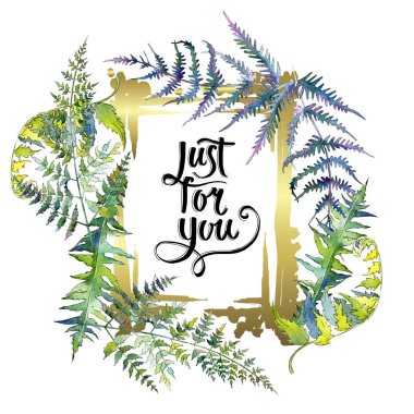 Eğrelti otu yeşil yaprakları. Suluboya arka plan illüstrasyon seti. Çerçeve kenarlık süs karesi.