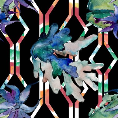 Renkli su sualtı doğa mercan resifi. Suluboya illüstrasyon seti. Kesintisiz arka plan deseni.