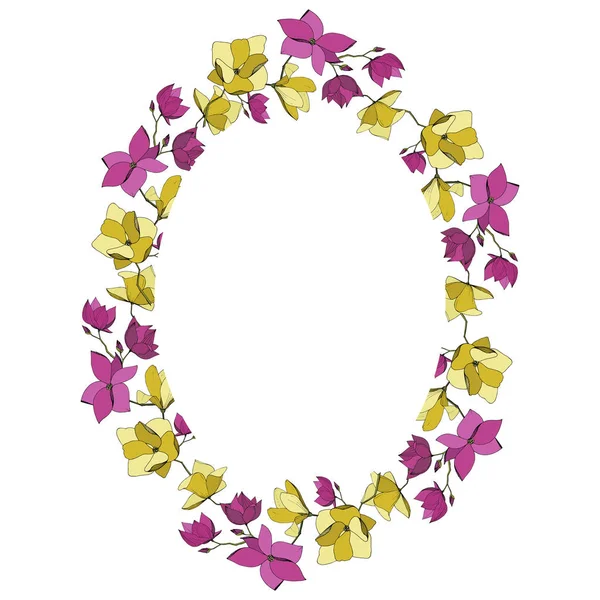 Fiori botanici floreali Vector Magnolia. Inchiostro viola e giallo inciso art. Quadrato ornamento bordo cornice . — Vettoriale Stock