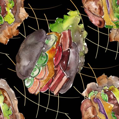 Sosisli fast food izole. Suluboya arka plan illüstrasyon seti. Kesintisiz arka plan deseni.