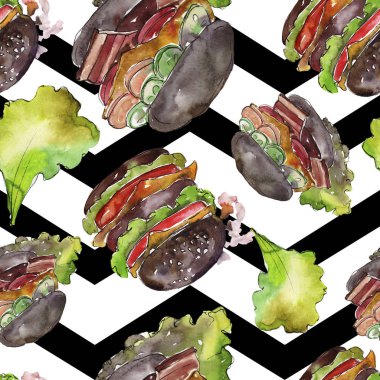 Sosisli fast food izole. Suluboya arka plan illüstrasyon seti. Kesintisiz arka plan deseni.