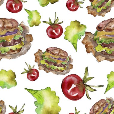 Sosisli fast food izole. Suluboya arka plan illüstrasyon seti. Kesintisiz arka plan deseni.