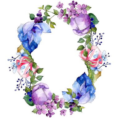 Tropik buket çiçek botanik çiçekler. Suluboya arka plan illüstrasyon seti. Çerçeve kenarlık süs karesi.