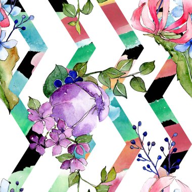 Tropik buket çiçek botanik çiçekler. Suluboya arka plan illüstrasyon seti. Kesintisiz arka plan deseni.