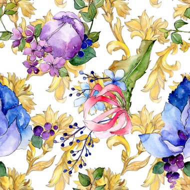 Tropik buket çiçek botanik çiçekler. Suluboya arka plan illüstrasyon seti. Kesintisiz arka plan deseni.