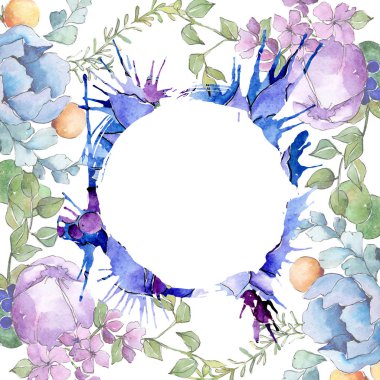 Tropik buket çiçek botanik çiçekler. Suluboya arka plan illüstrasyon seti. Çerçeve kenarlık süs karesi.