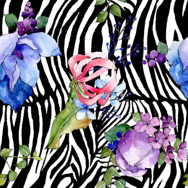 Tropik buket çiçek botanik çiçekler. Suluboya arka plan illüstrasyon seti. Kesintisiz arka plan deseni.