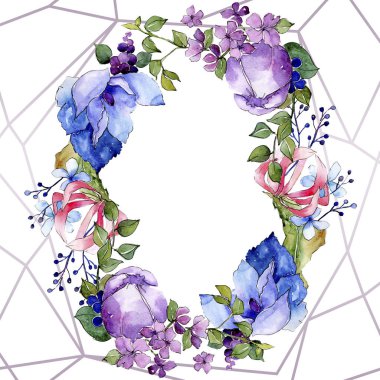 Tropik buket çiçek botanik çiçekler. Suluboya arka plan illüstrasyon seti. Çerçeve kenarlık süs karesi.