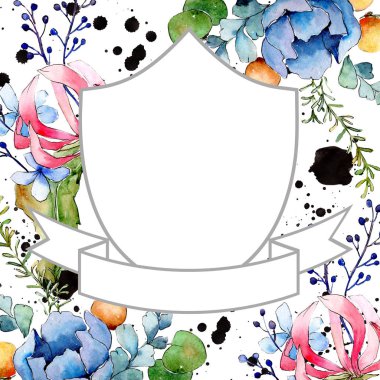Tropik buket çiçek botanik çiçekler. Suluboya arka plan illüstrasyon seti. Çerçeve kenarlık süs karesi.