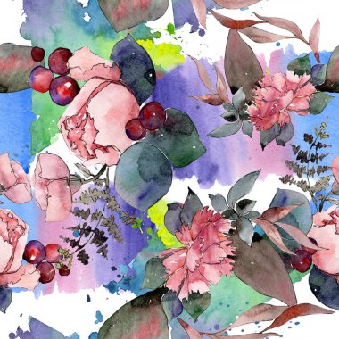 Kırmızı buket çiçek botanik çiçekler. Suluboya arka plan illüstrasyon seti. Kesintisiz arka plan deseni.