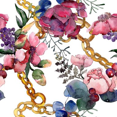 Kırmızı buket çiçek botanik çiçekler. Suluboya arka plan illüstrasyon seti. Kesintisiz arka plan deseni.