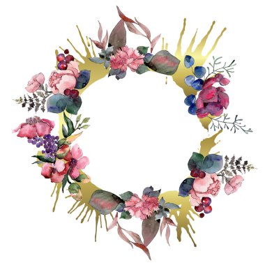 Kırmızı buket çiçek botanik çiçekler. Suluboya arka plan illüstrasyon seti. Çerçeve kenarlık süs karesi.