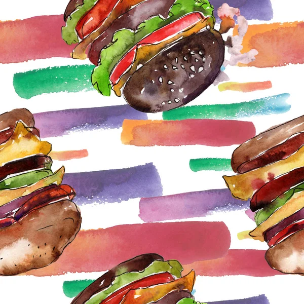 Hot dog fast food isolato. Acquerello sfondo illustrazione set. Modello di sfondo senza soluzione di continuità . — Foto Stock