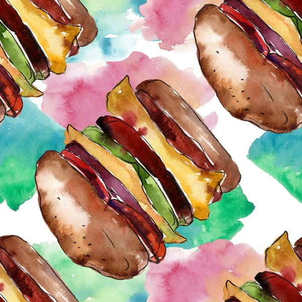 Hot dog fast food isolado. Conjunto de ilustração de fundo aquarela. Padrão de fundo sem costura . — Fotografia de Stock