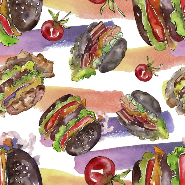 Hot Dog Fast Food isoliert. Aquarell Hintergrundillustration Set. nahtloses Hintergrundmuster. — Stockfoto