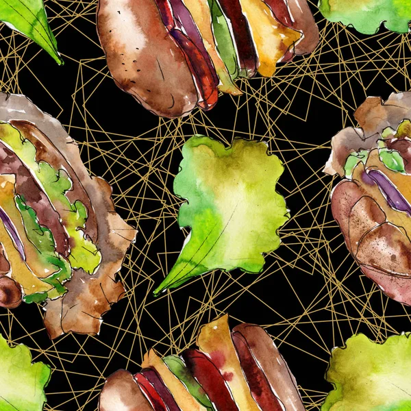 Hot Dog Fast Food isoliert. Aquarell Hintergrundillustration Set. nahtloses Hintergrundmuster. — Stockfoto