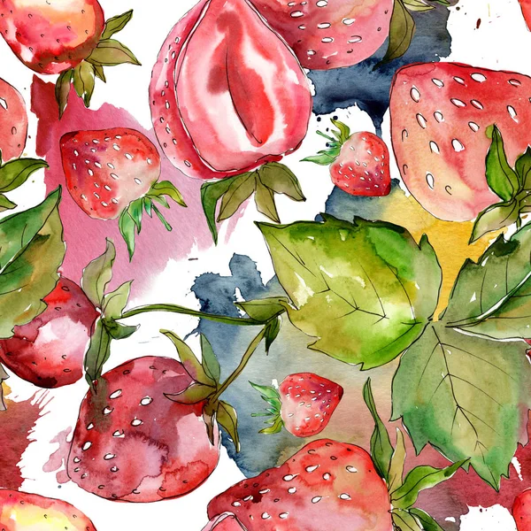 草莓健康食品 水彩背景插图集 水彩画时尚水族馆隔离 无缝的背景模式 织物壁纸打印纹理 — 图库照片