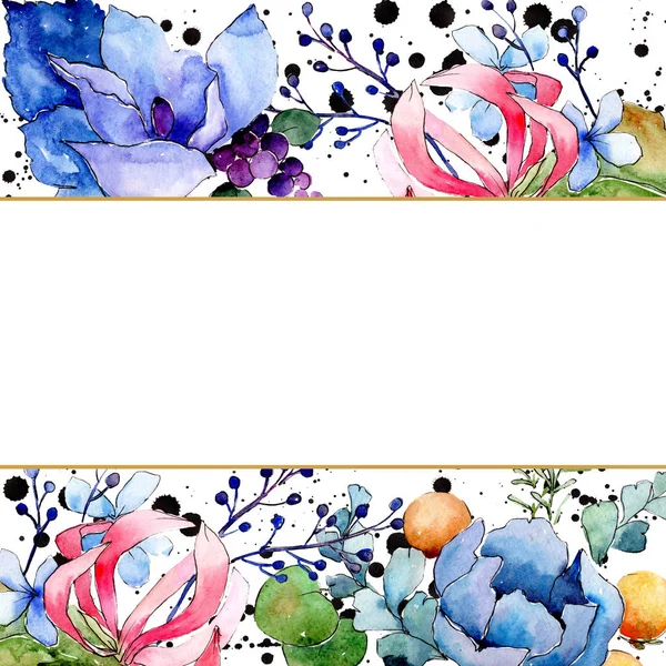 熱帯ブーケ花植物の花。●水彩背景イラストセット。フレームボーダーオーナメント正方形. — ストック写真