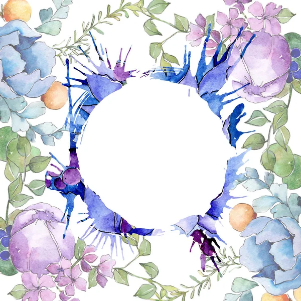 Tropik buket çiçek botanik çiçekler. Suluboya arka plan illüstrasyon seti. Çerçeve kenarlık süs karesi.