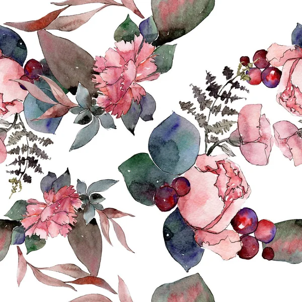 Red bouquet floral botanical flowers. Watercolor background illustration set. Seamless background pattern. — Stock Photo, Image