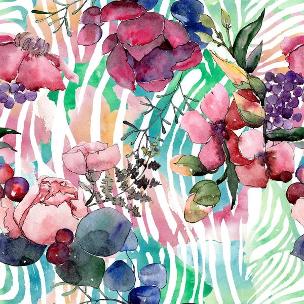 Röd bukett blommiga botaniska blommor. Akvarell bakgrund illustration uppsättning. Sömlöst bakgrundsmönster. — Stockfoto