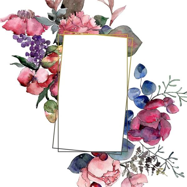 Fiori botanici floreali rossi bouquet. Acquerello sfondo illustrazione set. Quadrato ornamento bordo cornice . — Foto Stock