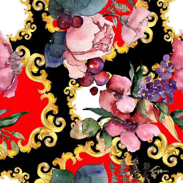 Roter Strauß blumiger botanischer Blumen. Aquarell Hintergrundillustration Set. nahtloses Hintergrundmuster. — Stockfoto