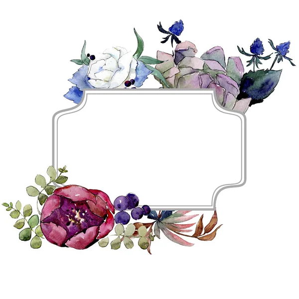 Ramo de flores botánicas florales. Conjunto de ilustración de fondo acuarela. Marco borde ornamento cuadrado . — Foto de Stock