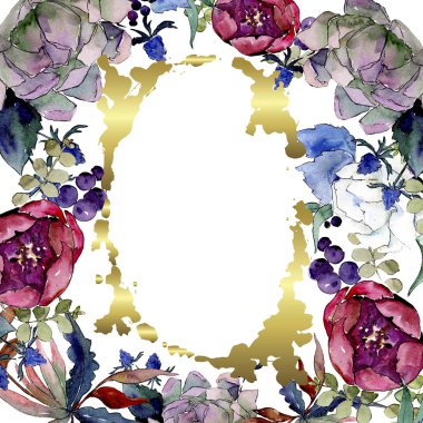 Buket çiçek botanik çiçekler. Suluboya arka plan illüstrasyon küme. Çerçeve kenarlığı süsleme Meydanı.