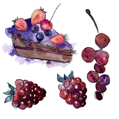 Suluboya tarzında lezzetli kek. Arka plan illüstrasyon seti. Suluboya çizim moda akuarelle izole.