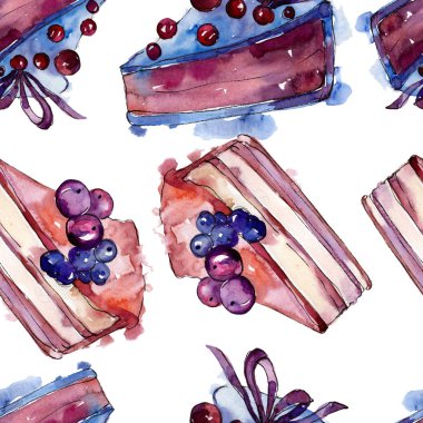 Suluboya tarzında lezzetli kek. Suluboya illüstrasyon seti. Kesintisiz arka plan deseni.