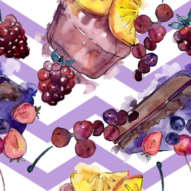 Suluboya tarzında lezzetli kek. Suluboya illüstrasyon seti. Kesintisiz arka plan deseni.