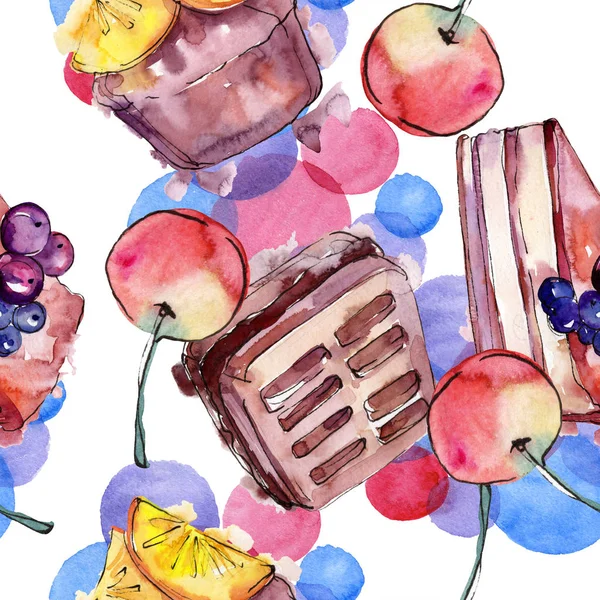 Leckeren Kuchen im Aquarell-Stil. Aquarell-Illustrationsset. nahtloses Hintergrundmuster. — Stockfoto