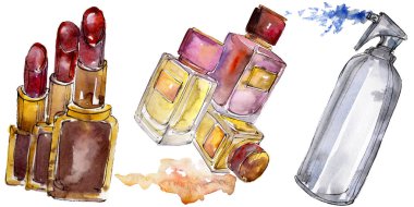 Kozmetik ürünler çizim Glamour illüstrasyon. Suluboya arka plan illüstrasyon seti. Yalıtılmış cosmrticks öğesi.