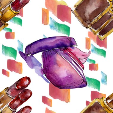 Kozmetik ürünler çizim Glamour illüstrasyon. Suluboya arka plan illüstrasyon seti. Kesintisiz arka plan deseni.